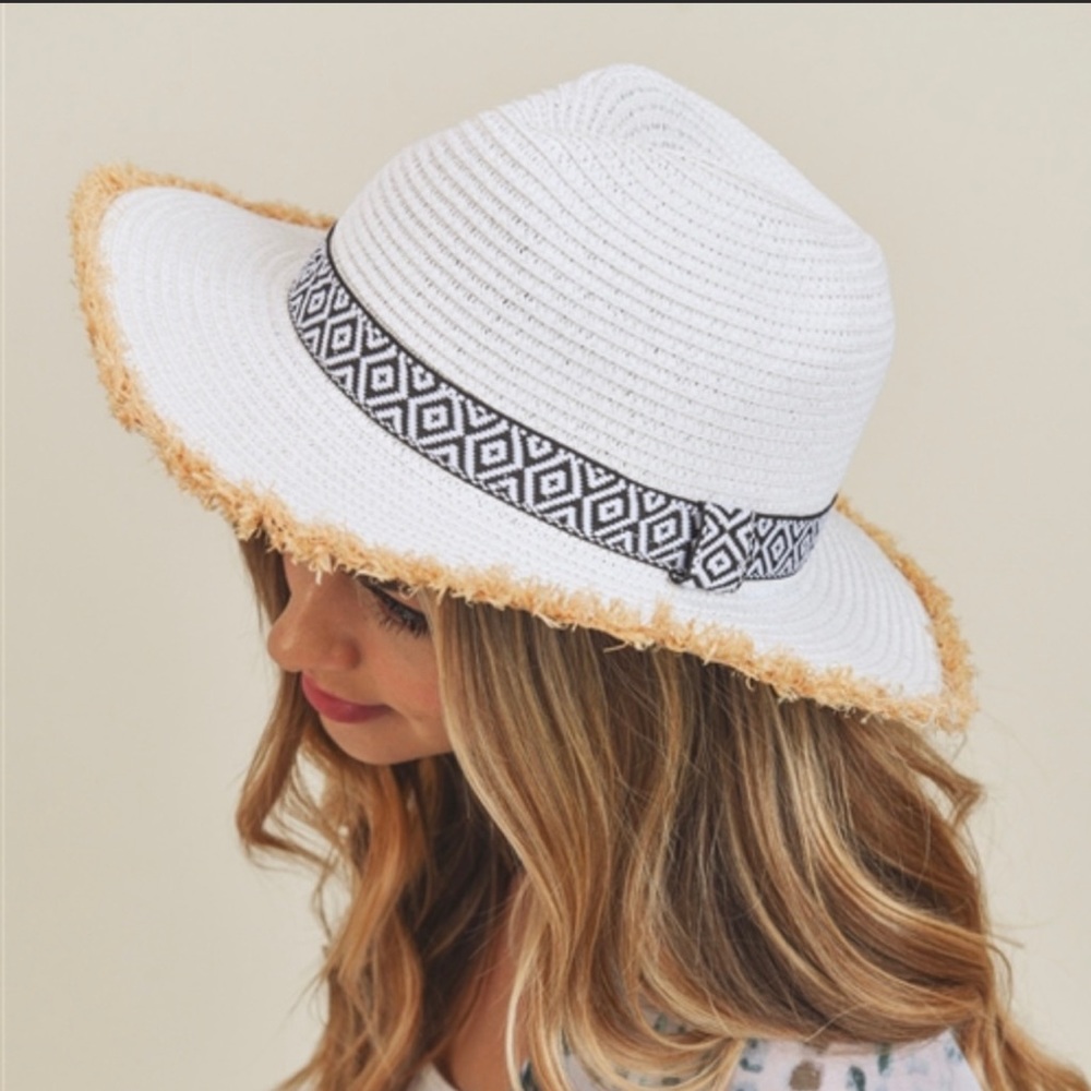 Frayed Trim Aztec Straw Hat